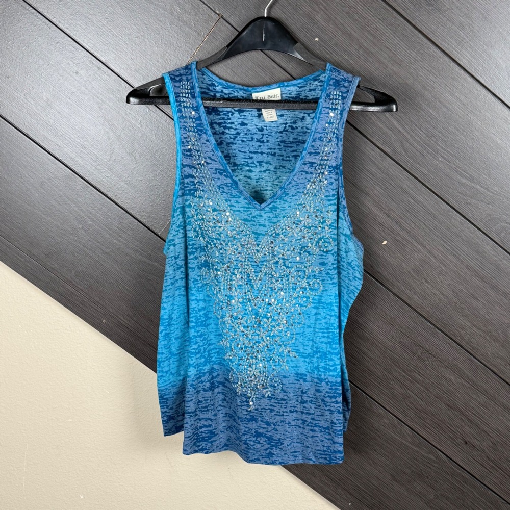 Tru Self Women's XL Tank Top Blue Beaded Sequin Burnout V Neck Y2K Casual